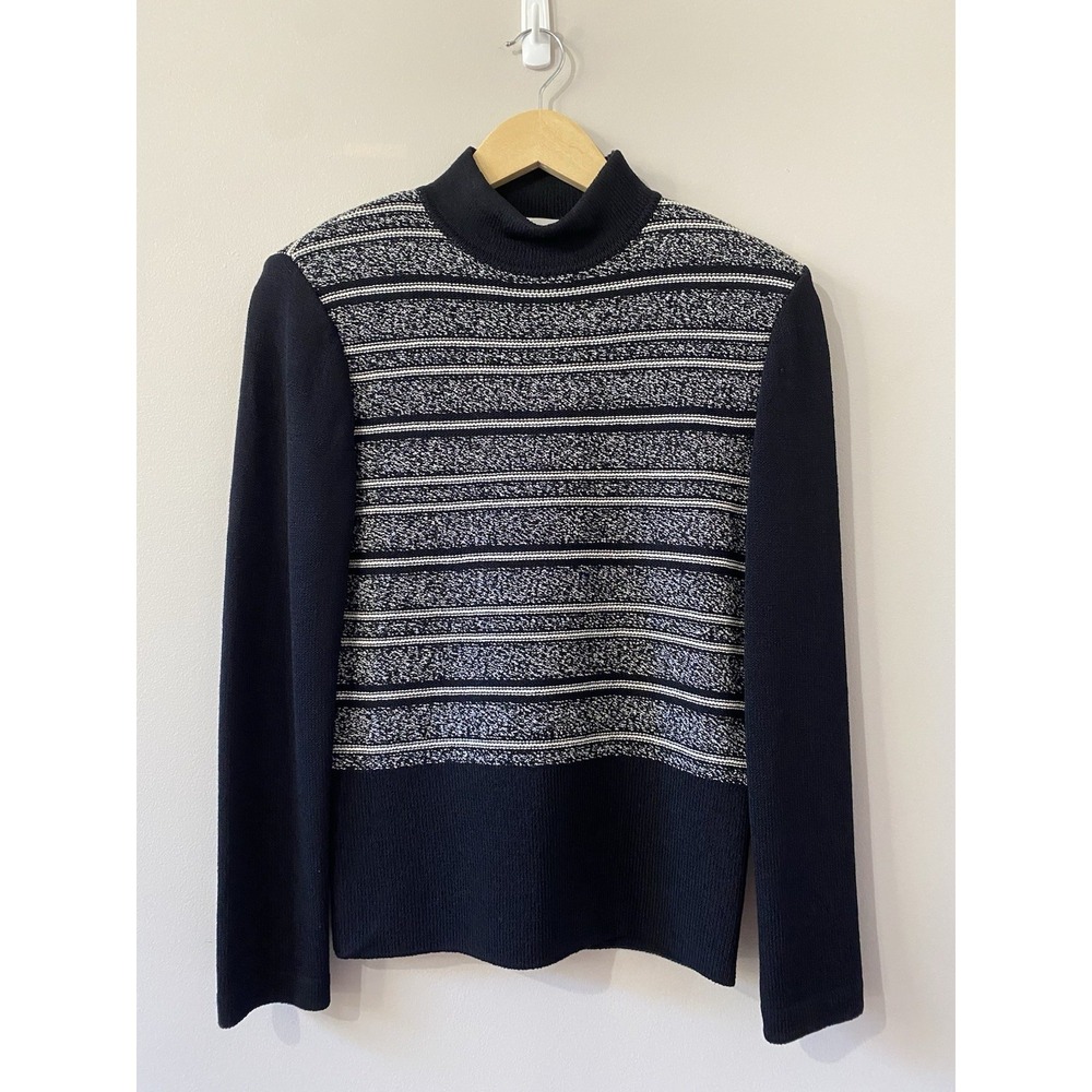 St. John EUC Women Sz 4 Black White Striped Mock Neck Long Sleeve Sweater Zipper